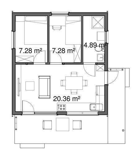 sips namo projektas Mini 42, 40 kvadratu, karkasinis namas, pasyvus namas, skydinis namas, SIPS projektai, SIPS.lt